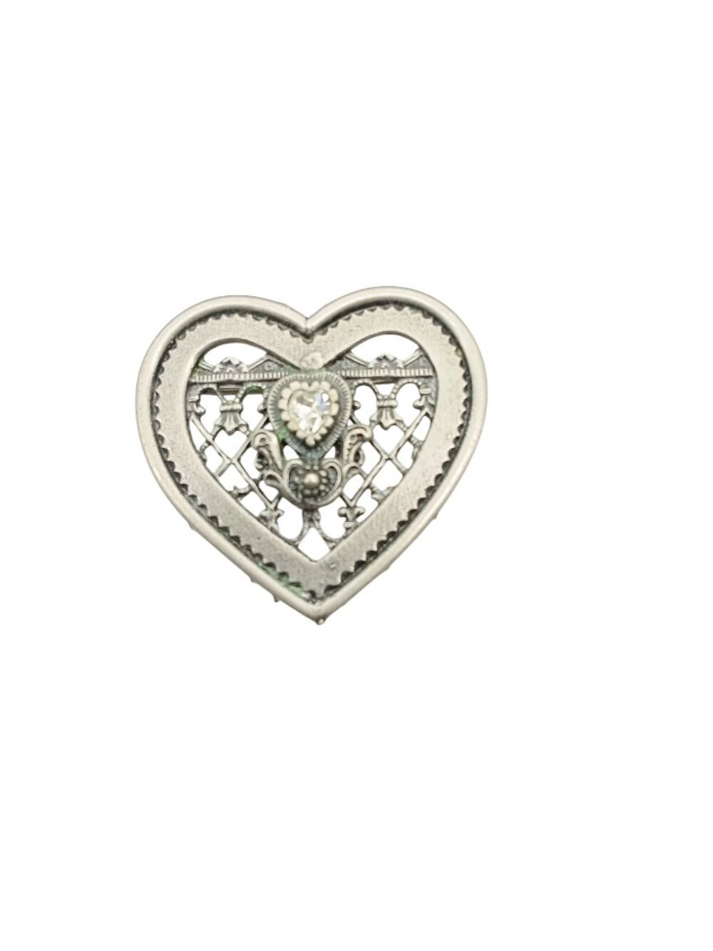 Vintage Silver-Tone Heart Brooch With Filigree Design & Rhinestone Accent